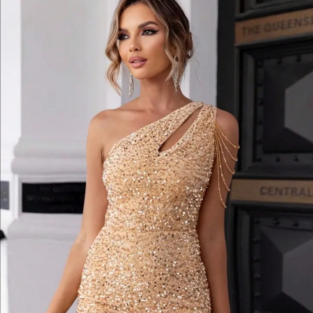 Gold Sequin One Shoulder Mini Dress
